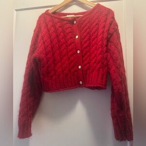 Elegant Red Cable Knit Cardigan